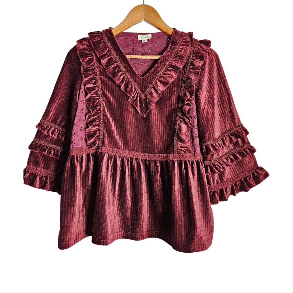 POL Ruffled Velvety Boho Eyelet Ribbed Babydoll Deep Burgundy Top Women S - Picture 4 of 7